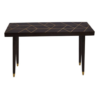 Black table with gold geometric patterns on a white background