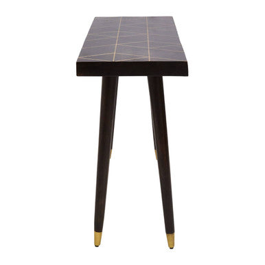 Black side table with geometric pattern on a white background