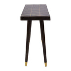 Black side table with geometric pattern on a white background