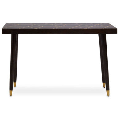 Dark wood console table with geometric pattern on a white background