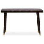 Dark wood console table with geometric pattern on a white background