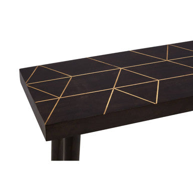 Dark wooden table with gold geometric patterns on a white background
