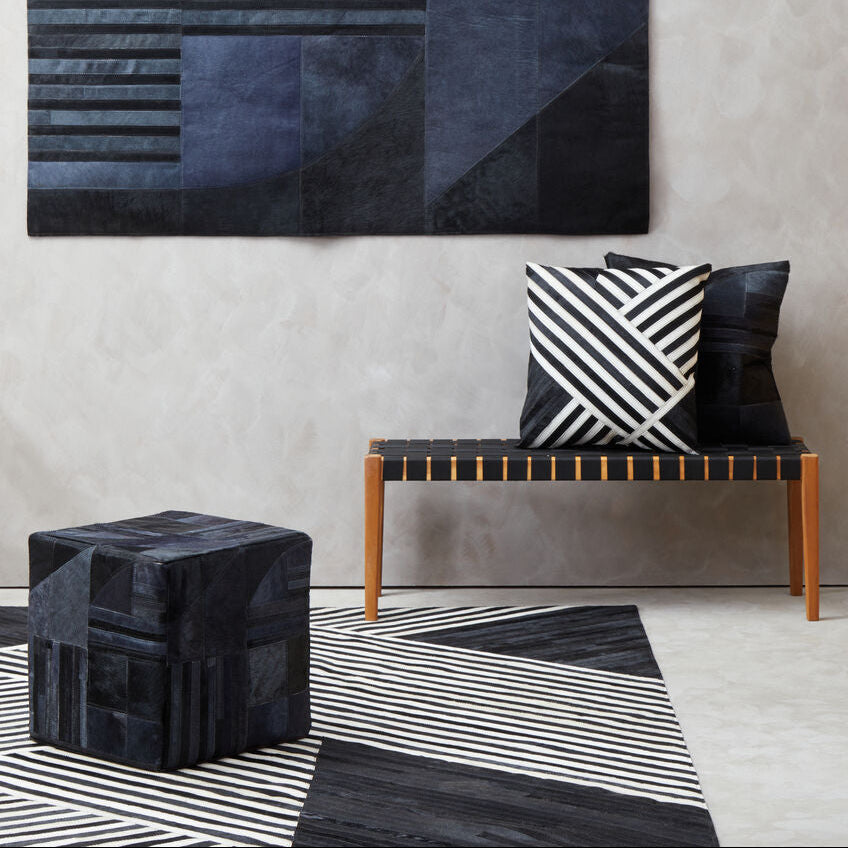 Bosie Safira Black And Grey Deco Hair on Leather Pouffe
