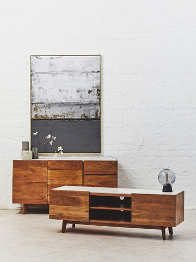 Acacia Wood and White Marble Media Unit | Myan