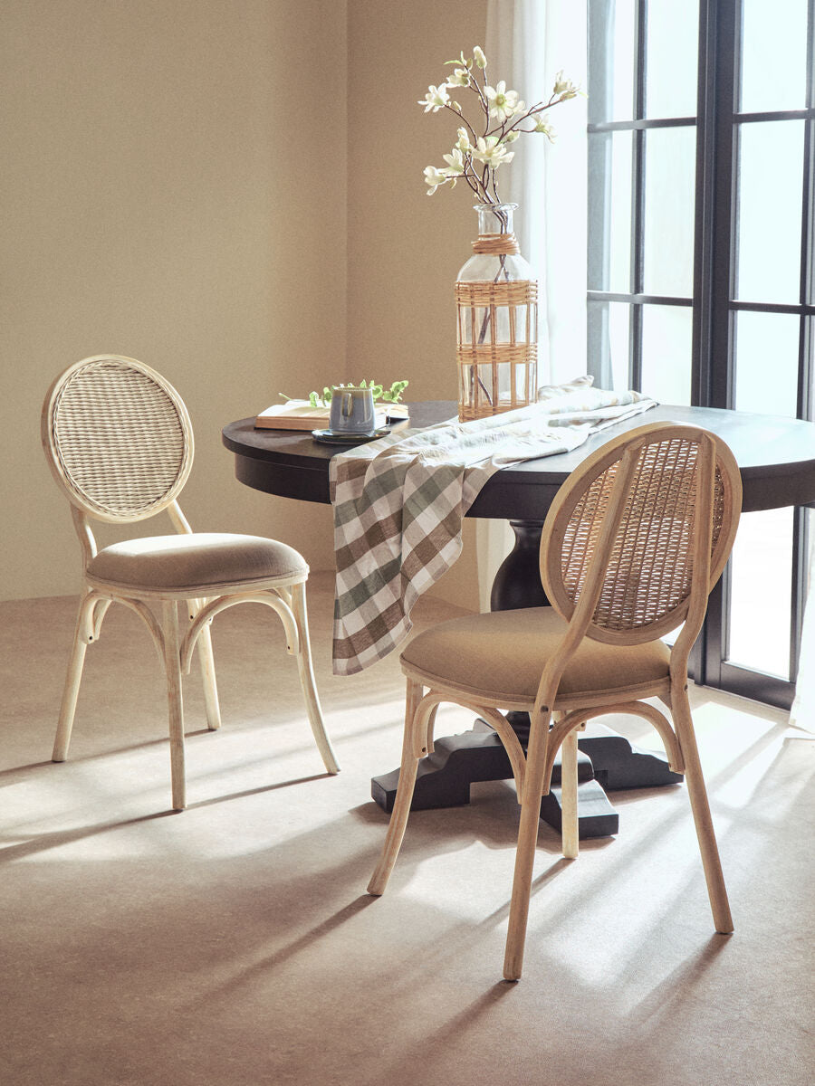 Cebu White Wash Wood and Rattan Dining Chair with Beige Seat