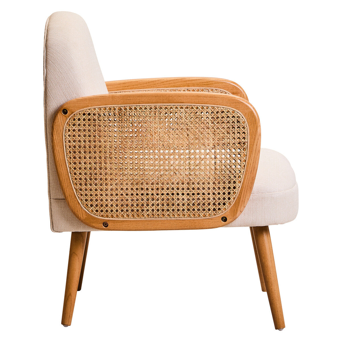 Chair with wicker backrest and wooden frame on a white background