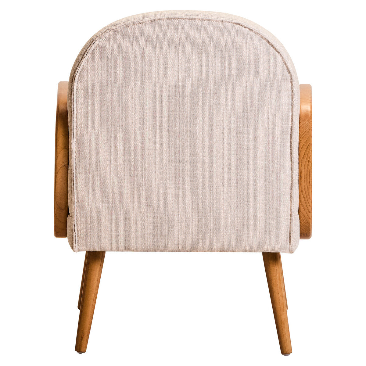 Chair with beige cushioned backrest and wooden frame on a white background