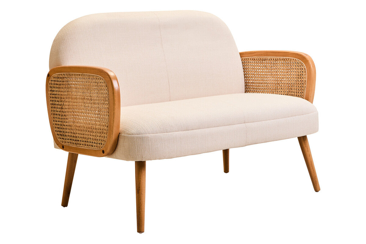 2 Seater Ivory Fabric and Cane Sofa with Elm Wood Legs, Cebu