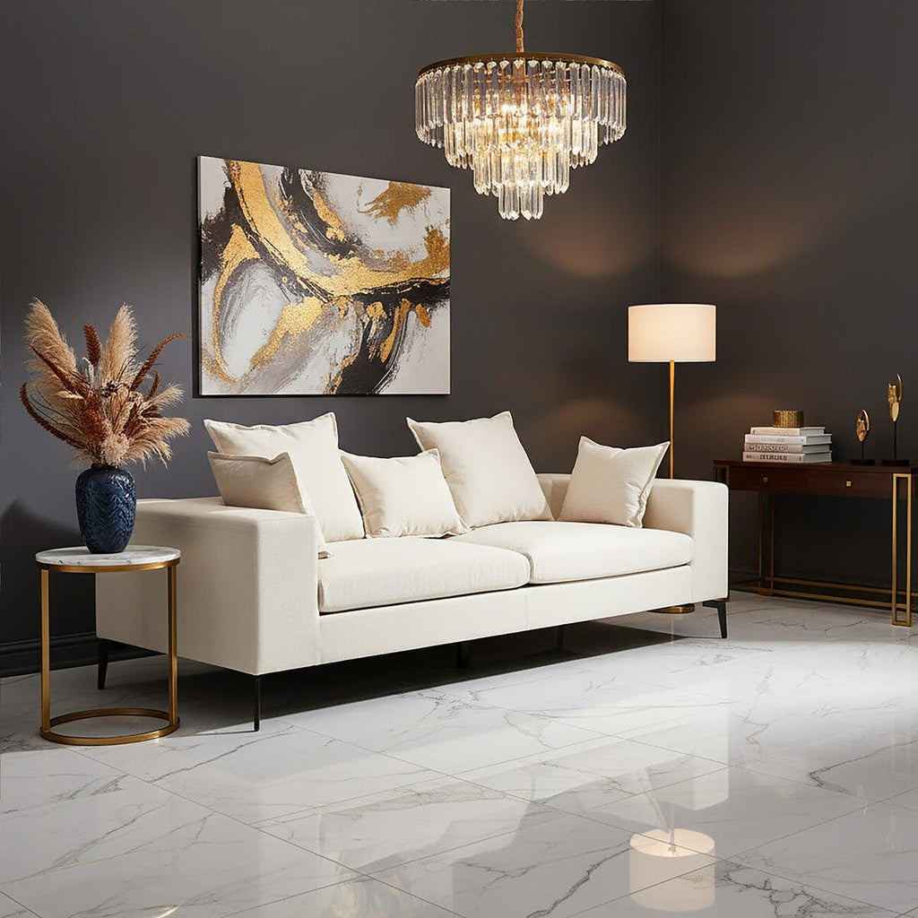 3 Seater Textured Fabric Cream Sofa, Avignon