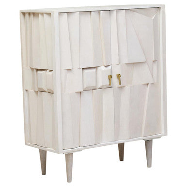 White cabinet with geometric design on a white background