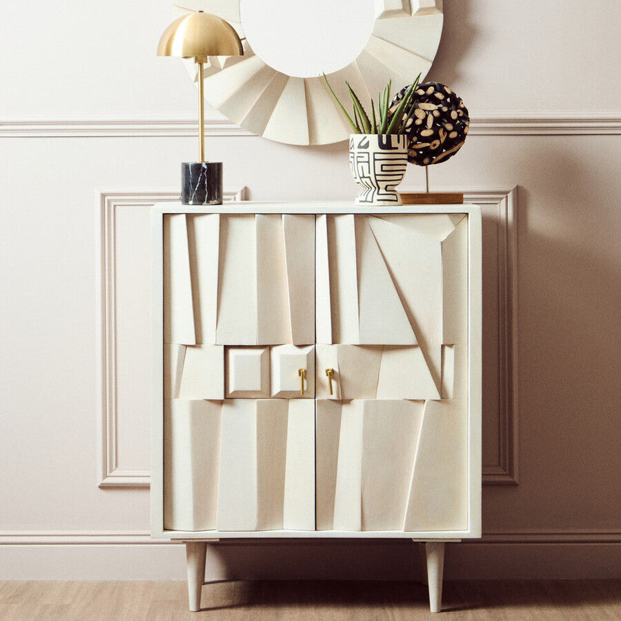 Sita Two Door Whitewash Mango Wood Abstract Cabinet