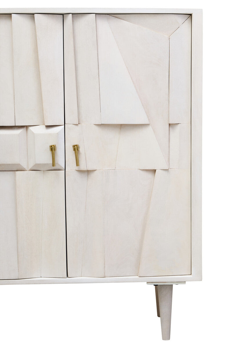 White cabinet with gold handles on a white background