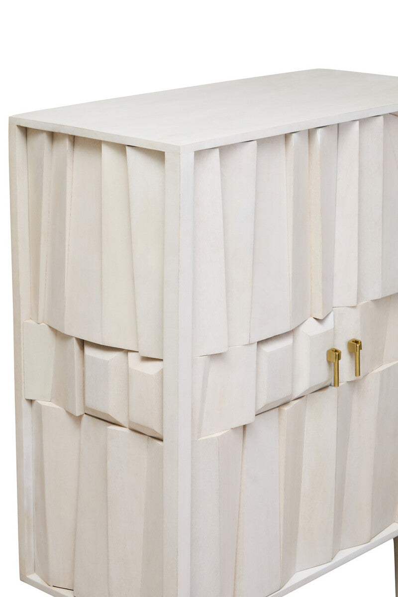 White cabinet with woven design and gold handles on a white background