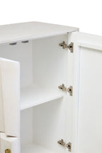 Close-up of a white cabinet with open door and visible hinges on a white background
