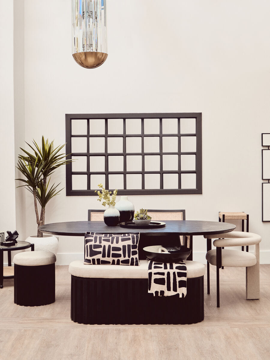 Perdoba Black Finish Mango Wood and Cream Linen Stool