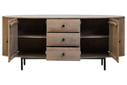 Wooden sideboard with open doors and drawers on a white background