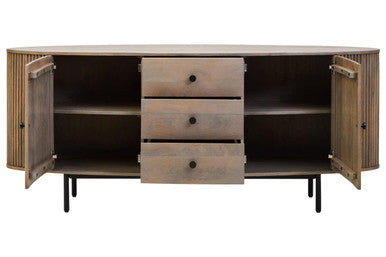 Wooden sideboard with open doors and drawers on a white background