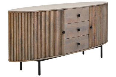 Wooden sideboard with slatted design and three drawers on a white background
