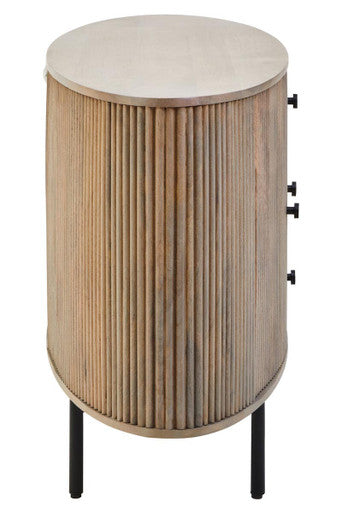 Round wooden side table with a white top on a white background