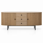 Wooden sideboard with slatted doors and drawers on a white background