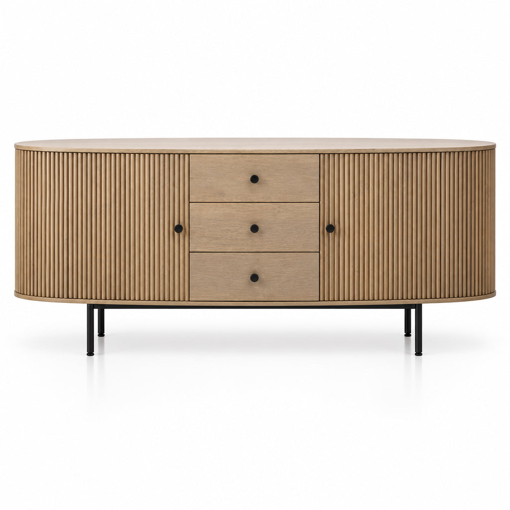 Wooden sideboard with slatted doors and drawers on a white background