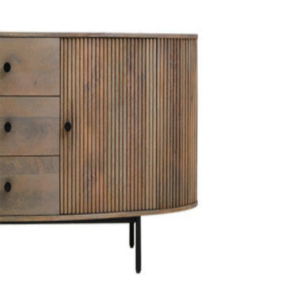 Wooden sideboard with striped design on a white background