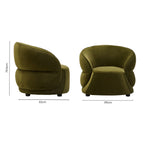 Two green armchairs with dimensions indicated on a white background