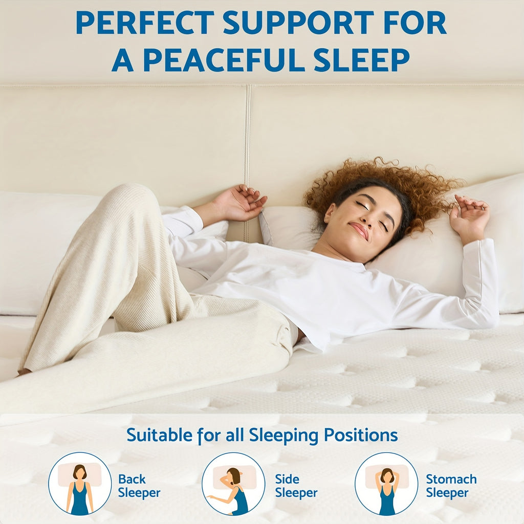Woman sleeping peacefully on a bed with text about perfect support for a peaceful sleep.