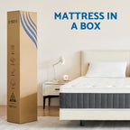 Mattress in a box with a large cardboard packaging box next to a bed in a bedroom setting.