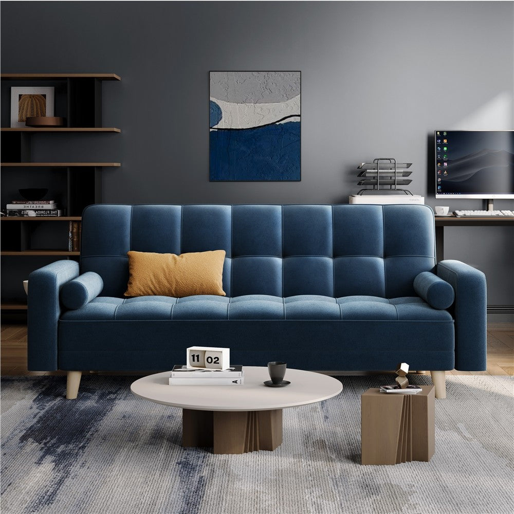 Convertible Velvet Sofa Bed, 3 Seater with 2 Bolster Pillows & 3 Adjustable Back Angles