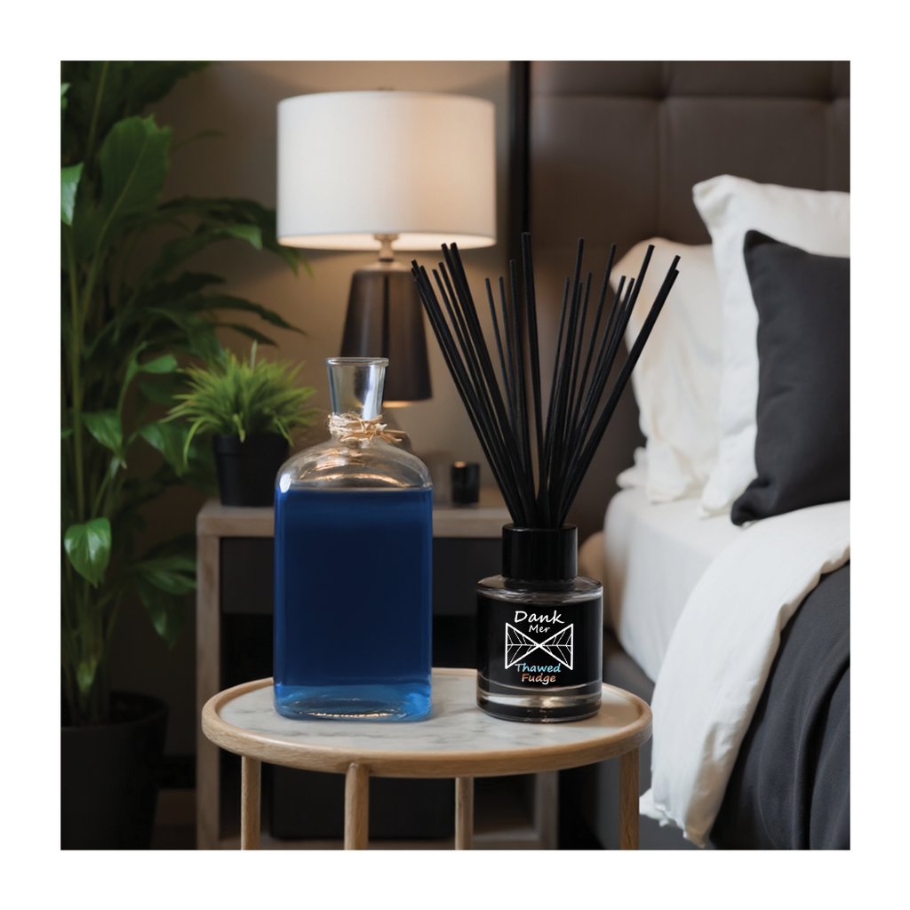 Blue diffuser bottle and black reed diffuser on a marble table with a bed and lamp in the background.