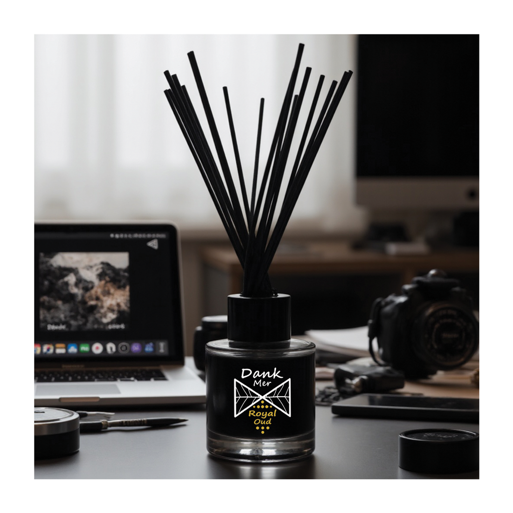 Black diffuser with sticks on a desk with a laptop and camera in the background