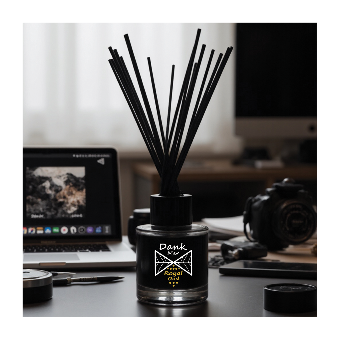 Black diffuser with sticks on a desk with a laptop and camera in the background