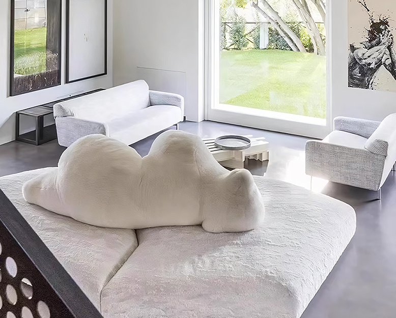 Modern living room with a unique cloud-shaped pillow on a sofa.