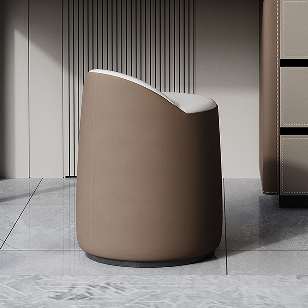 Modern brown stool with white cushion on a gray floor