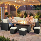 Outsunny 7 Pieces PE Rattan Garden Furniture Set, 50,000 BTU Gas Fire Pit Table, Double Corner Sofa and 3 Footstools