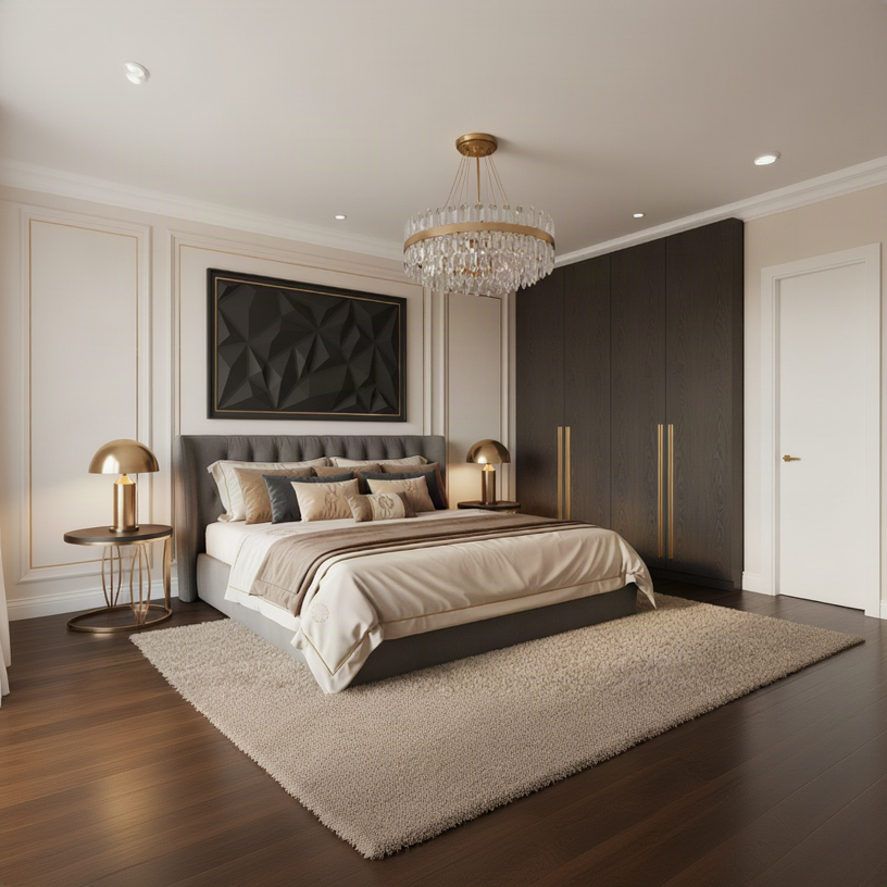A luxury bedroom interior featuring a bed dressed in beige and brown linens, flanked by matching bedside tables and gold lamps, with a large dark wood wardrobe, chandelier, and geometric wall art.