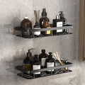 Bathroom shelves with various bottles and toiletries against a tiled wall.