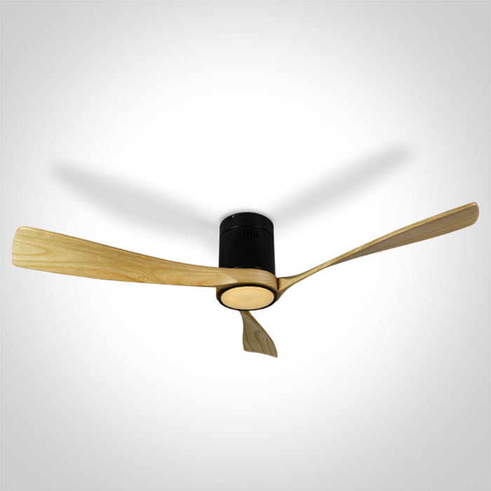 Ceiling fan with wooden blades on a white background