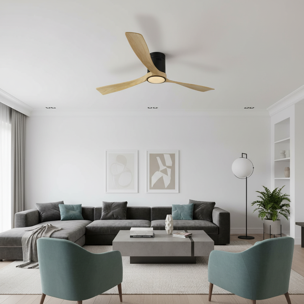 Modern living room with a ceiling fan, sectional sofa, and armchairs.