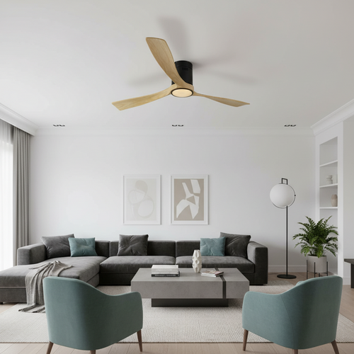 Modern living room with a ceiling fan, sectional sofa, and armchairs.