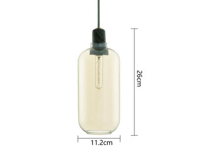 Glass pendant light with dimensions on a white background