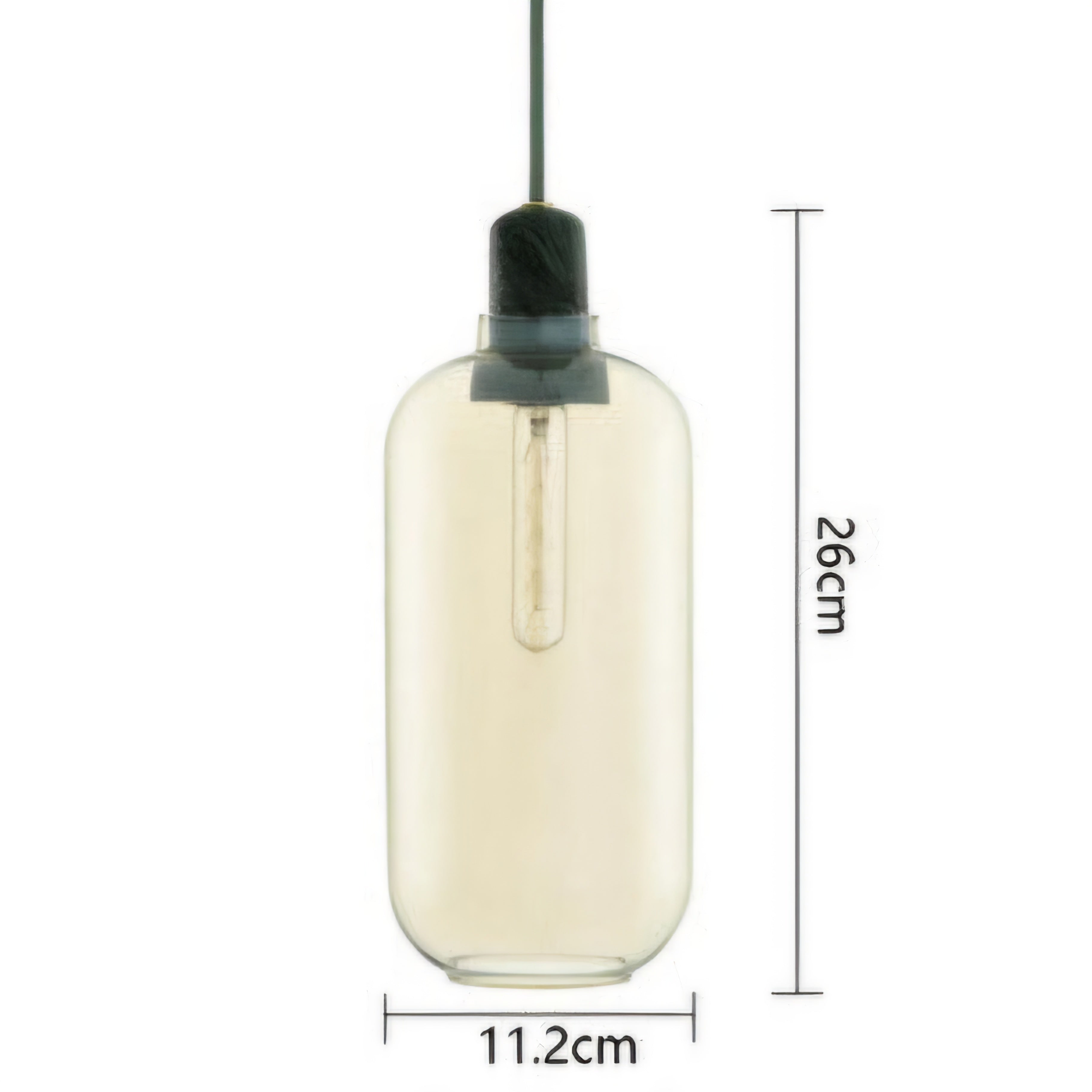 A clear cylindrical pendant light shade with a black top cap and cord, shown on a white background with dimension lines indicating 26 cm height and 11.2 cm width.