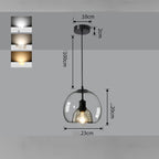 Pendant light with clear glass shade and black fixture, shown with measurements on a gray background.