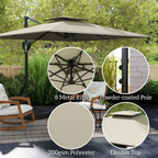 Beige patio umbrella with detailed features shown, set outdoors.