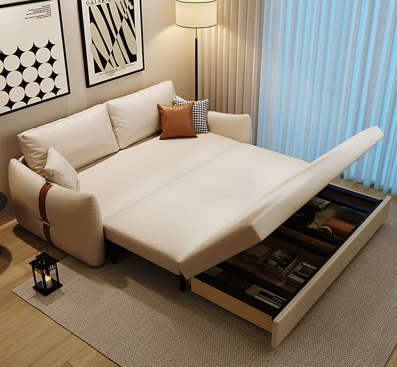 Beige sectional sofa with storage drawers in a living room setting.