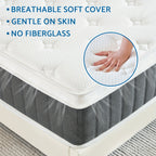 Mattress with breathable soft cover, gentle on skin, no fiberglass, hand touching the cover.