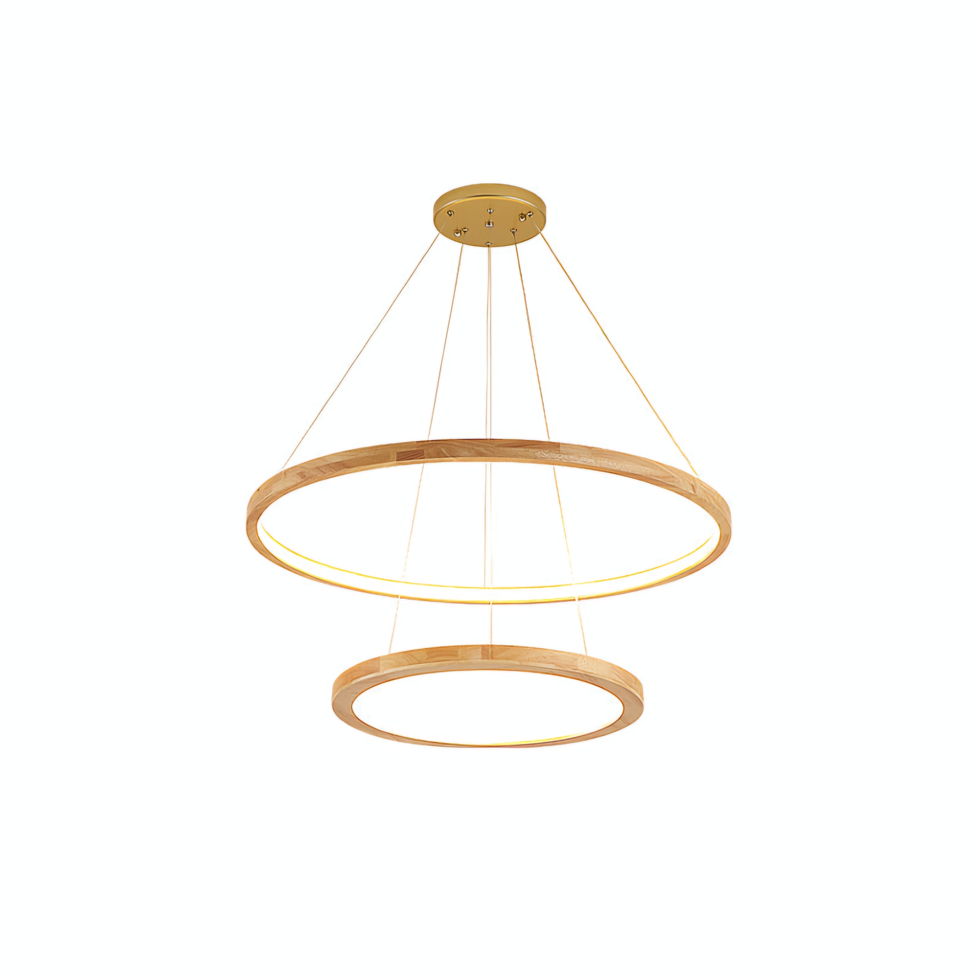 Two-tiered wooden pendant light on a white background
