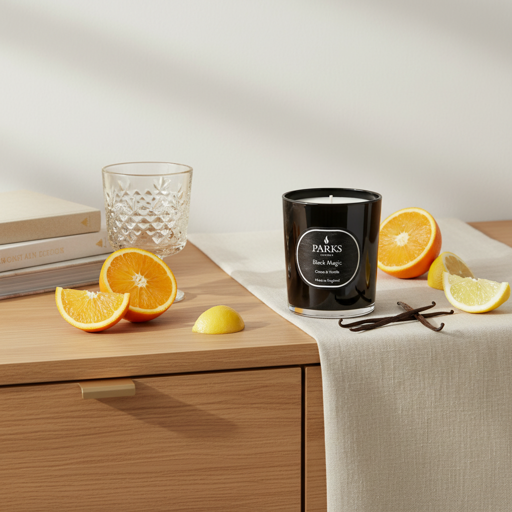Parks candle on a wooden surface with oranges and lemons