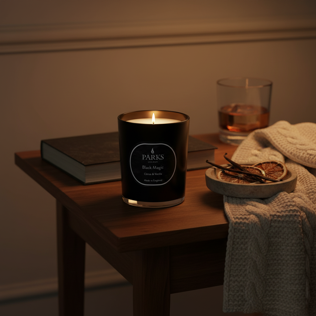 Candle with a book and glass of whiskey on a wooden table in a dimly lit room.